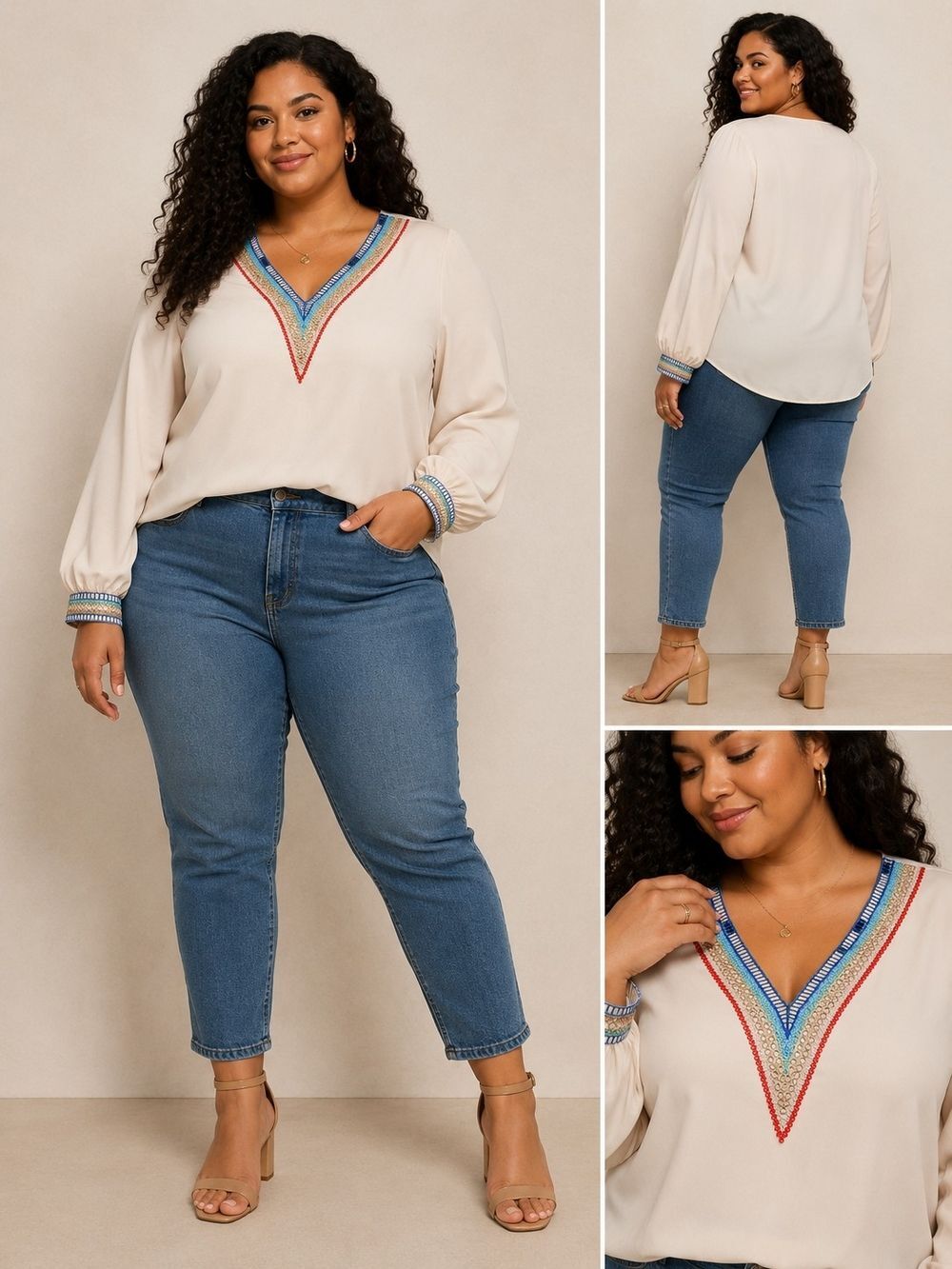 NWOT Women’s Boho Embroidered V-Neck Blouse Cream Long Sleeve Size 1X